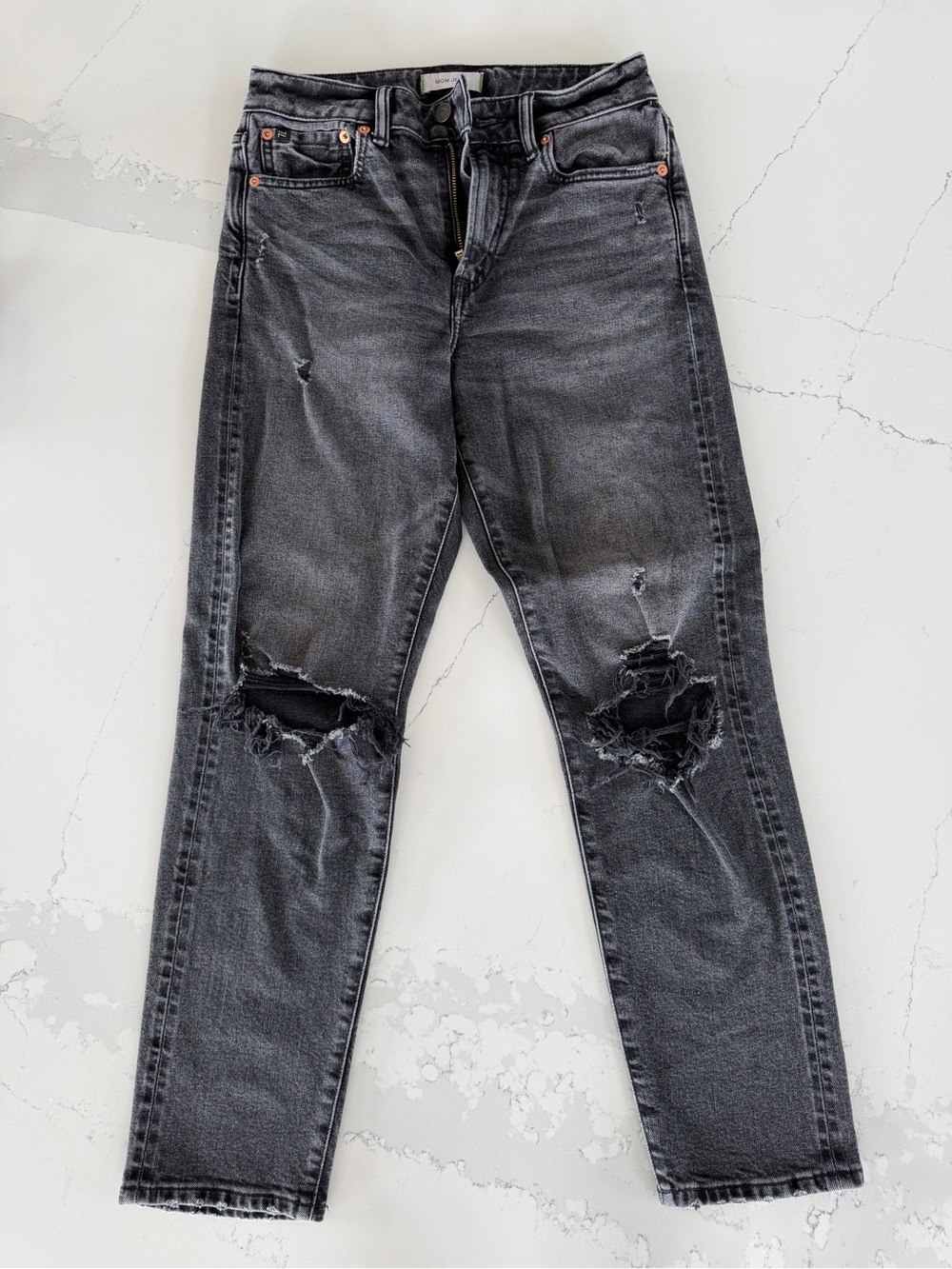 American Eagle Black-Grey Premium AE77 Distressed Straight Leg Mom Jeans